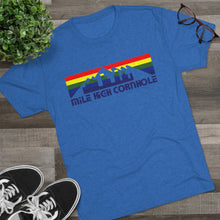 Load image into Gallery viewer, Mile High Cornhole - MHC - Rainbow Skyline - Men&#39;s Tri-Blend Crew Tee
