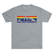 Load image into Gallery viewer, Mile High Cornhole - MHC - Rainbow Skyline - Men&#39;s Tri-Blend Crew Tee
