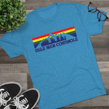 Load image into Gallery viewer, Mile High Cornhole - MHC - Rainbow Skyline - Men&#39;s Tri-Blend Crew Tee
