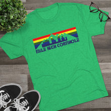 Load image into Gallery viewer, Mile High Cornhole - MHC - Rainbow Skyline - Men&#39;s Tri-Blend Crew Tee
