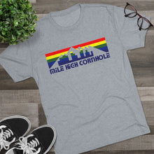 Load image into Gallery viewer, Mile High Cornhole - MHC - Rainbow Skyline - Men&#39;s Tri-Blend Crew Tee
