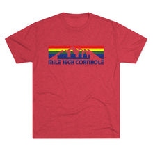 Load image into Gallery viewer, Mile High Cornhole - MHC - Rainbow Skyline - Men&#39;s Tri-Blend Crew Tee
