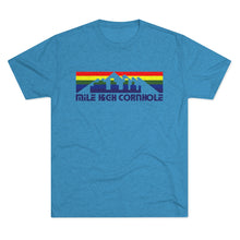 Load image into Gallery viewer, Mile High Cornhole - MHC - Rainbow Skyline - Men&#39;s Tri-Blend Crew Tee
