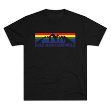 Load image into Gallery viewer, Mile High Cornhole - MHC - Rainbow Skyline - Men&#39;s Tri-Blend Crew Tee
