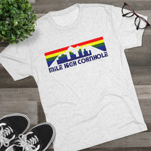 Load image into Gallery viewer, Mile High Cornhole - MHC - Rainbow Skyline - Men&#39;s Tri-Blend Crew Tee
